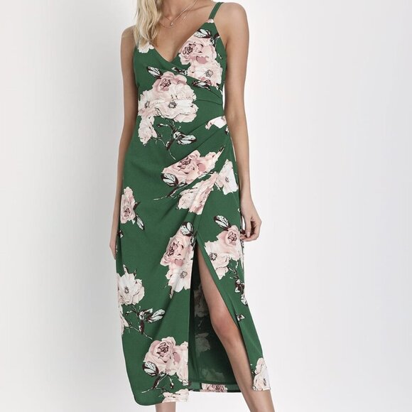 NWT Lulus Draw You Close Green Floral Sleeveless Surplice Midi Dress - Picture 1 of 8